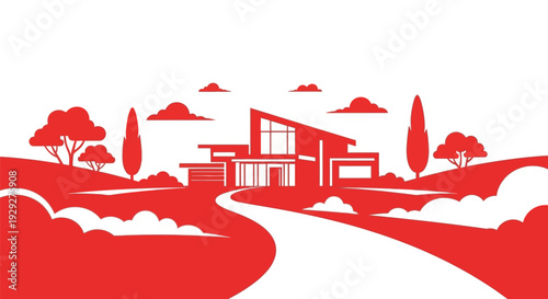 Modern House Illustration with Trees and Road.