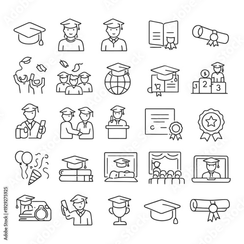 Graduation icons outline set: cap diploma celebration achievement.