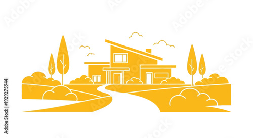 Modern House Illustration with Trees and Yard.