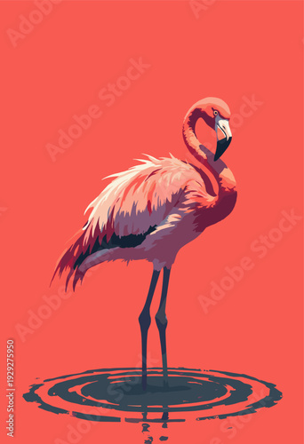 Flamingo standing one leg, its face angled down deep, serious manga contemplation Heavy shadows Flat geometric water ripples black red Minimalist poster style No text