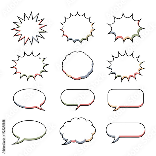 Diverse Dialogue Bubbles: A collection of various comic-style dialogue bubbles, ready to inject visual interest and direct attention in design or communication projects.