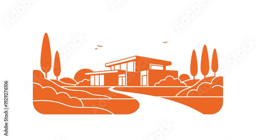 Modern House Illustration with Trees Landscape.