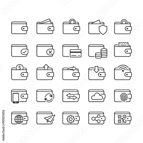 Wallet icon set: financial, security, mobile, technology, payment symbols.