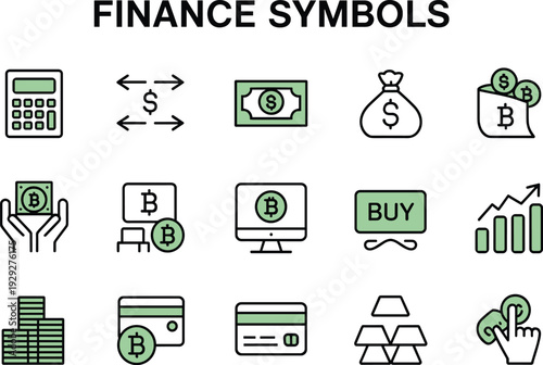Finance symbols with green and black colors bitcoin finance, symbols, green, black, bitcoin, dollar, money, calculator, bag, wallet, graph, chart, computer, monitor, buy, hand, coins, bars, stack, cre