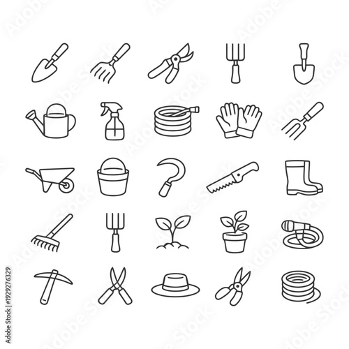 Outline icons of garden tools and equipment for landscaping and gardening.