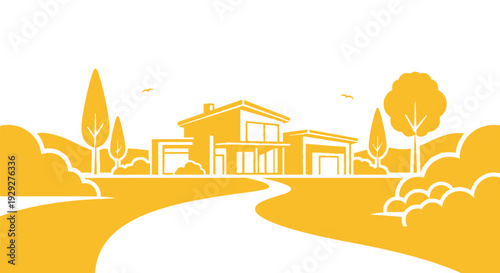 Modern House Illustration with Yard and Trees.