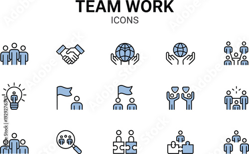 Teamwork set with blue and black on white team work teamwork, team work, blue, black, white, business, collaboration, partnership, communication, global, handshake, people, group, flag, lightbulb, puz