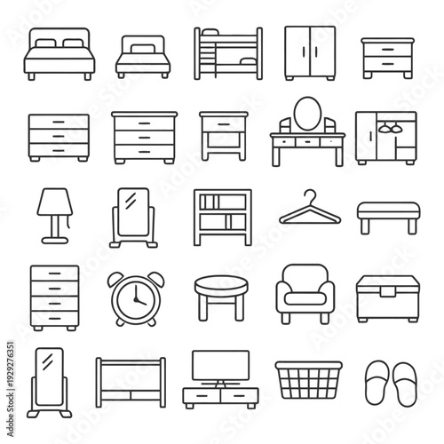 Collection of line art furniture icons for bedroom and living room.