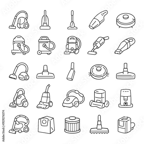 Collection of household vacuum cleaner icons in simple line art design.