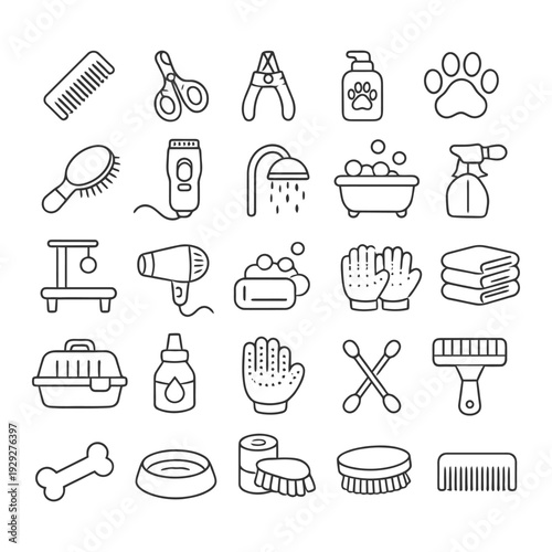 Pet grooming icons: tools and accessories collection for dogs and cats.