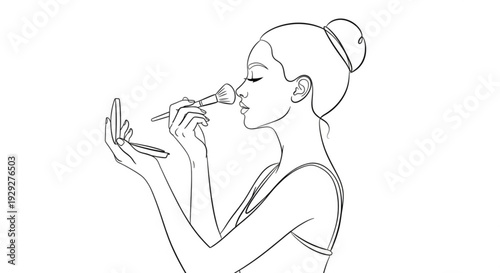 A young woman applying lipstick, viewed from the side, showcasing a beauty routine in a simple line art illustration