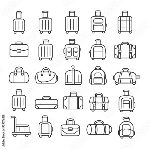 Collection of luggage icons: suitcases, backpacks, duffel bags in outline style.