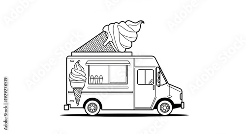 An ice cream truck with a large ice cream cone on the side and a swirl of ice cream on top, viewed from the side in a simple line drawing style
