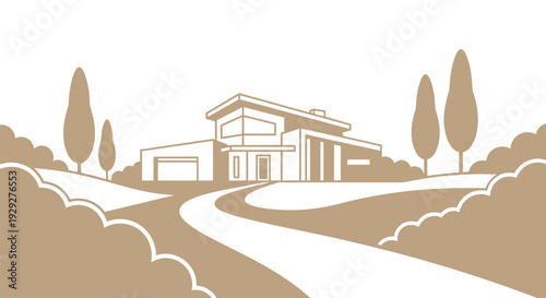 Modern House with Driveway and Trees.