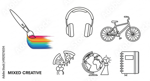 Creative elements blend in a diverse illustration showcasing art, music, cycling, global inspiration, and writing from a mixed creative viewpoint