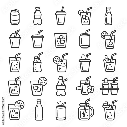 Assorted beverage icons: cups, bottles, glasses, straw, soda, lemon.