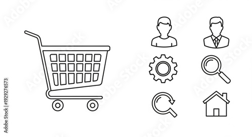 E-commerce icons set including shopping cart, users, and search functionality illustrations