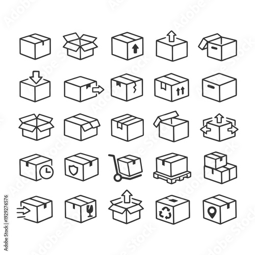 Linear icon set of delivery and packaging boxes.