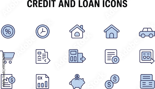 Blue line for finance and banking concepts credit loan finance, banking, credit, loan, blue, line symbols, money, house, car, shopping cart, clock, percentage, documents, calculator, piggy bank, coins