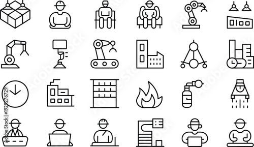 Industrial set with workers machines and manufacturing symbols industrial, set, workers, machines, manufacturing, symbols, line black and white, factory, production, industry, robotics, construction, 