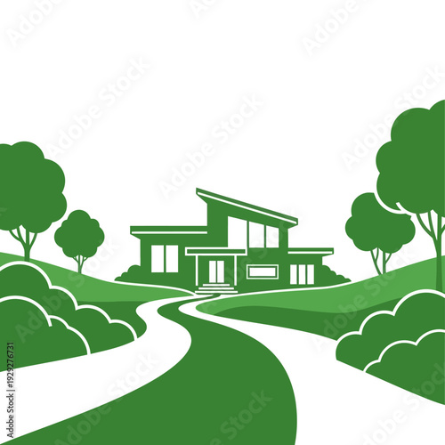 Modern House with Green Landscape Illustration.