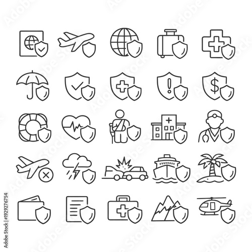 Travel insurance icon set: airplane, medical, protection, luggage, globe, hotel, weather.