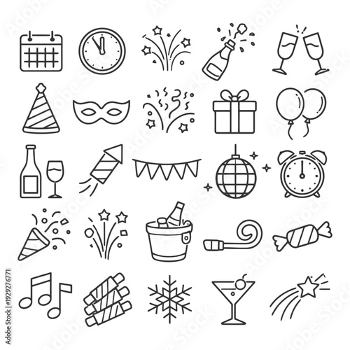 Festive celebration icons set: party, fireworks, champagne, music, gifts.
