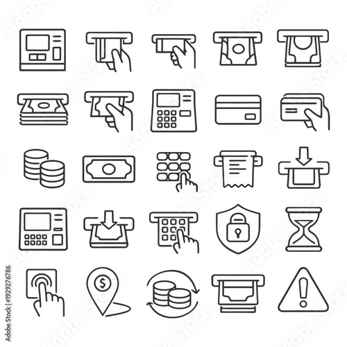 Icon set of banking transactions with atms and payment methods.