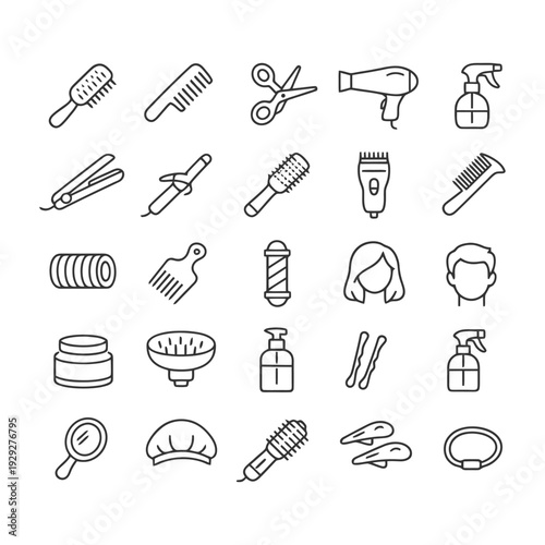 Outline icons of hairdressing tools and accessories for styling and grooming.