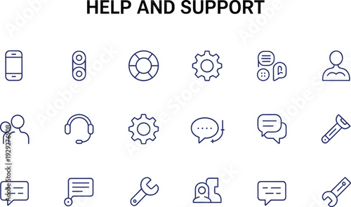 Help and support set with people chat gear tools help, support, people, chat, gear, tools, phone, headset, speech bubbles, wrench, settings, maintenance, assistance, service, communication, technology