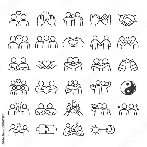 Minimalist friendship and unity icons set featuring gestures and activities.