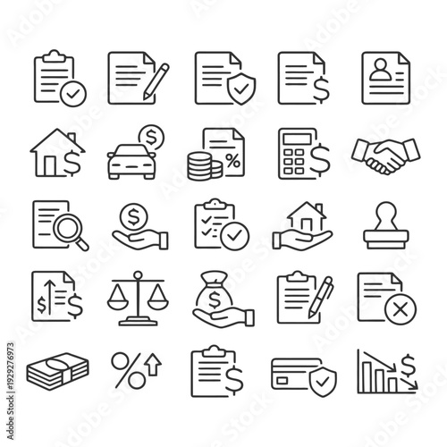 Finance and legal icons: documents, money, contracts, and calculations.