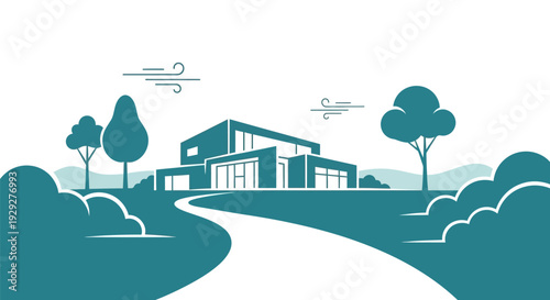 Modern House with Pathway and Trees.