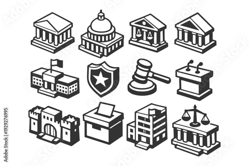 Monochrome isometric icons of government and legal buildings and symbols.