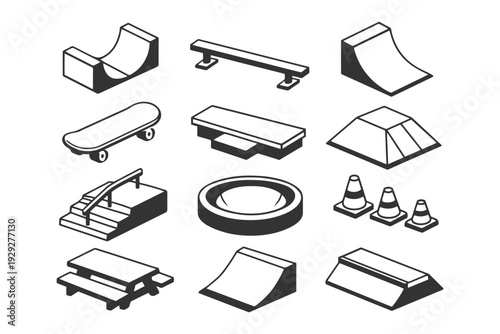 Skateboard park elements: ramps, rails, stairs, and more in monochrome design.