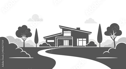 Modern House with Sloping Roof and Trees.