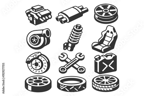 Set of car part icons including engine, exhaust, turbocharger, and tire.