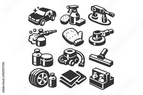 Car detailing icon set: tools, equipment, cleaning products, automotive maintenance symbols.