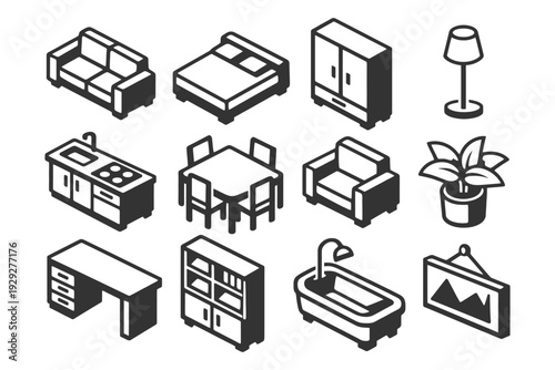 Collection of isometric home furniture icons for interior design.