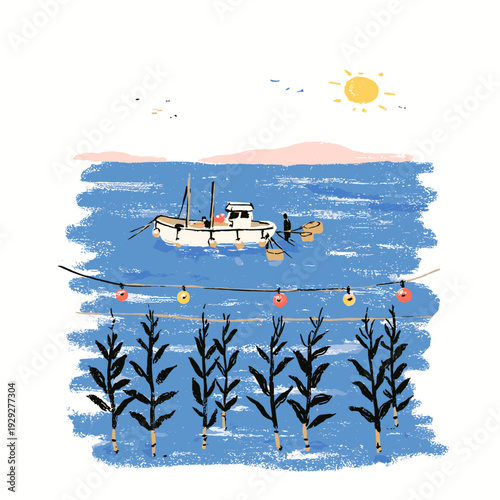 Underwater Kelp Farm Harvest Scene Illustration