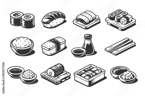 Variety of sushi and japanese cuisine elements in black and white illustration.