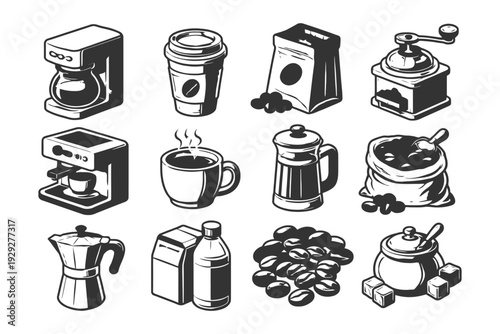 Black and white coffee icons: machines, mugs, beans, and grinders.