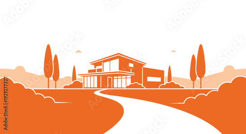 Modern House with Trees and Pathway.