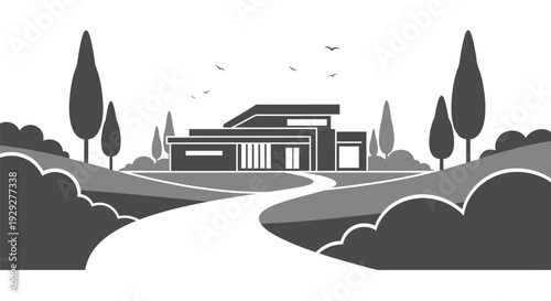 Modern House with Trees and Pathway.