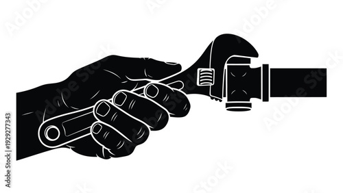 Black and white silhouette illustration depicting a strong hand firmly gripping an adjustable wrench tightening or loosening a pipe connection