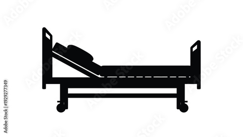 Silhouette graphic of an adjustable hospital medical bed with wheels featuring an elevated head section in a stark black and white design