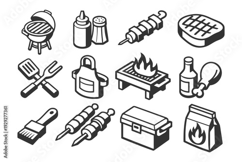 Grill and barbecue icons set: tools, food, and accessories in black and white.