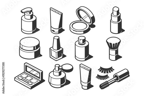 Monochrome makeup collection: cosmetics in black and white.