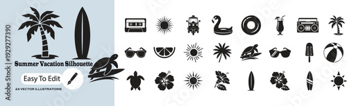 Professional Beach & Travel Icon Bundle: 24 Minimalist Summer Silhouettes for Graphic Design Assets