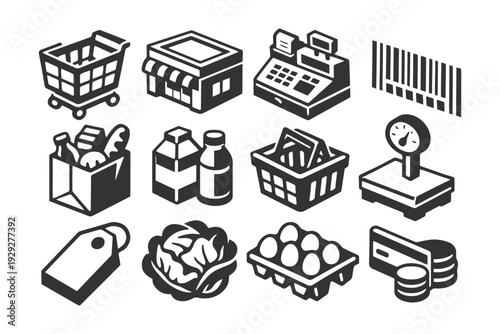 Grocery shopping icons: cart, store, checkout, barcode, produce, dairy, basket, scale.